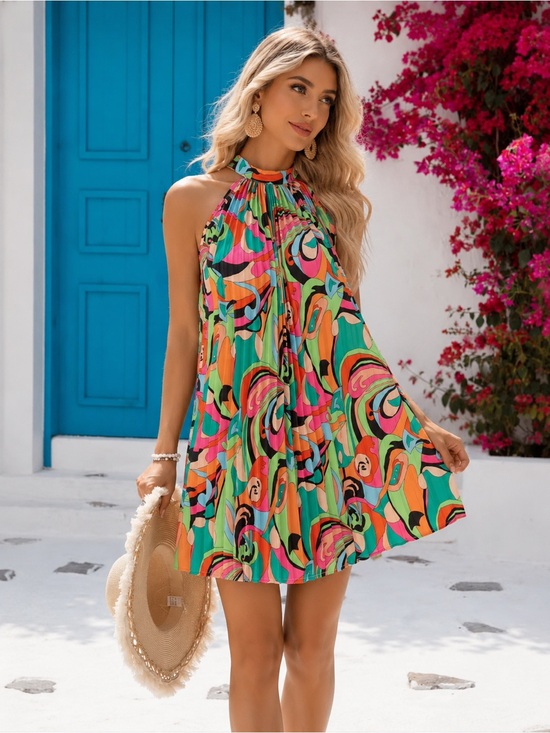 Dresses & Skirts - Vibrant Multicolor Pleated Tie Back Halter Mini Dress